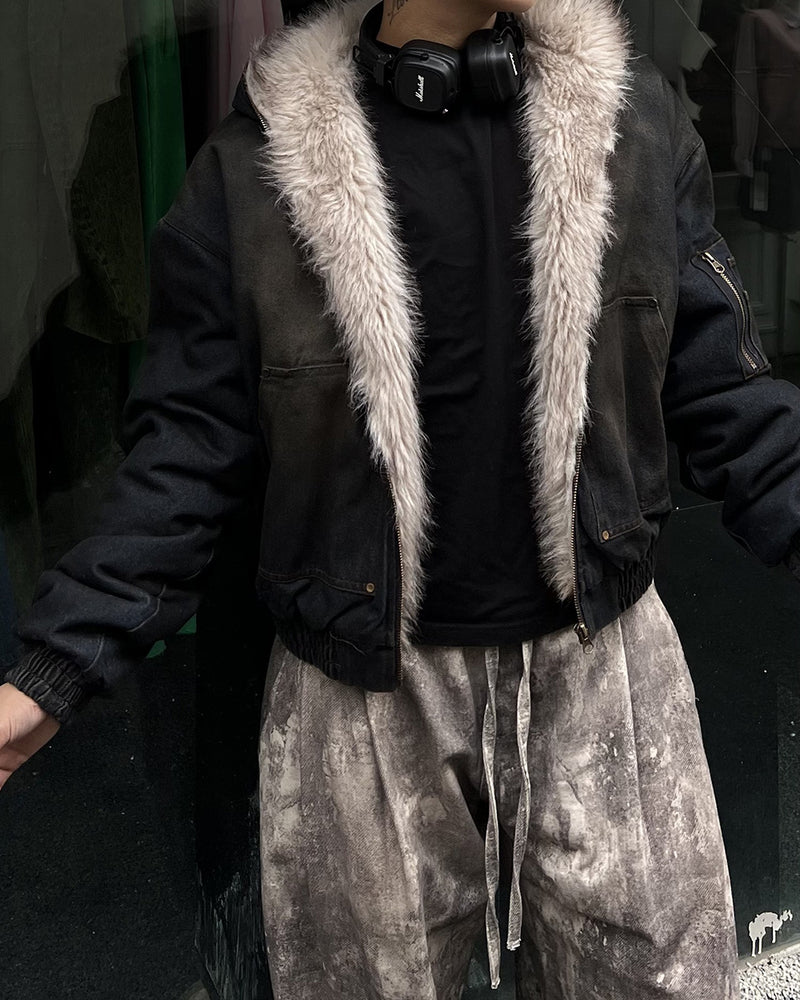 Polar Armour | Hooded Bomber Jacket | Fur Lining | Distressed Denim