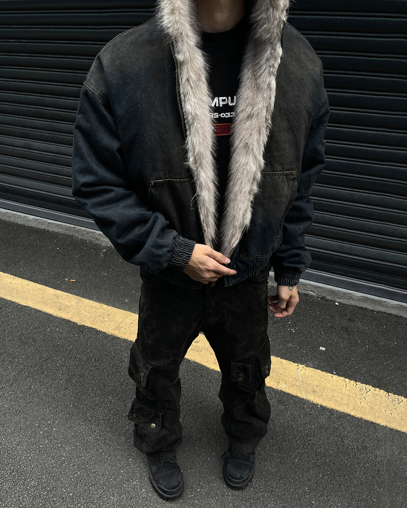 Polar Armour | Hooded Bomber Jacket | Fur Lining | Distressed Denim