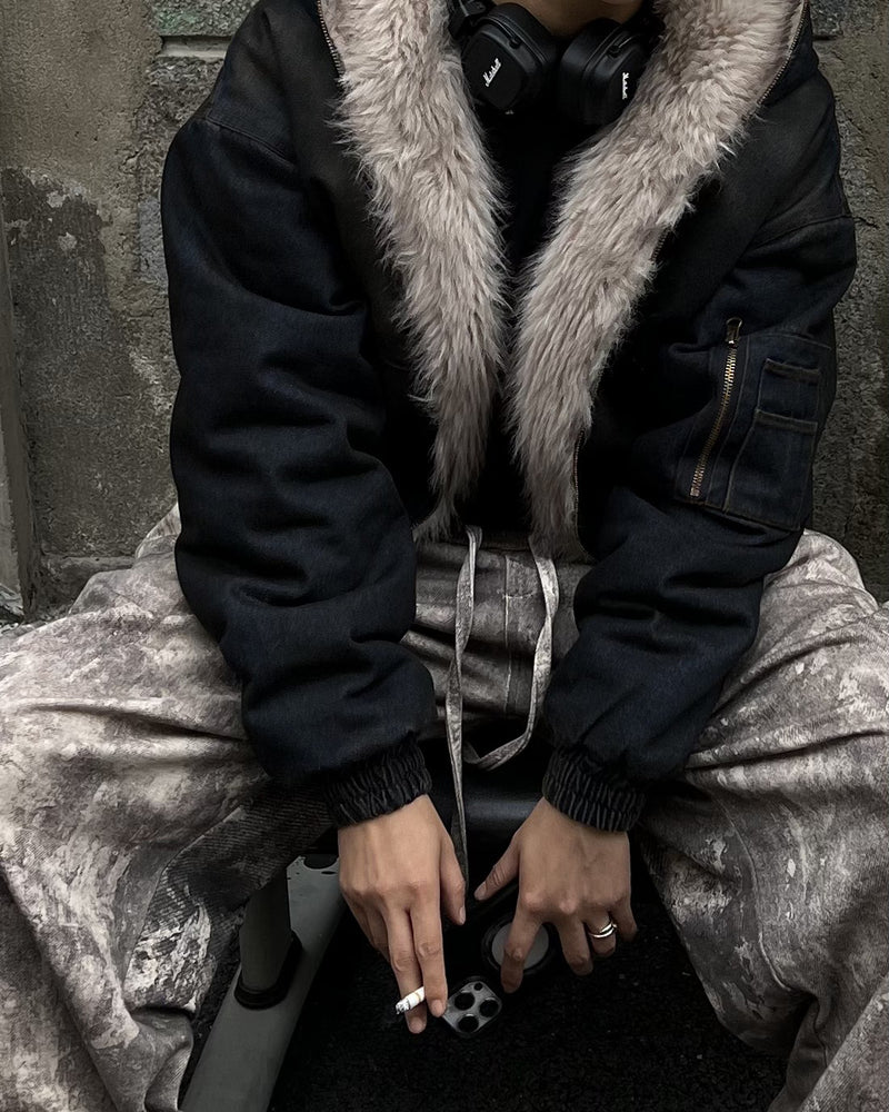 Polar Armour | Hooded Bomber Jacket | Fur Lining | Distressed Denim