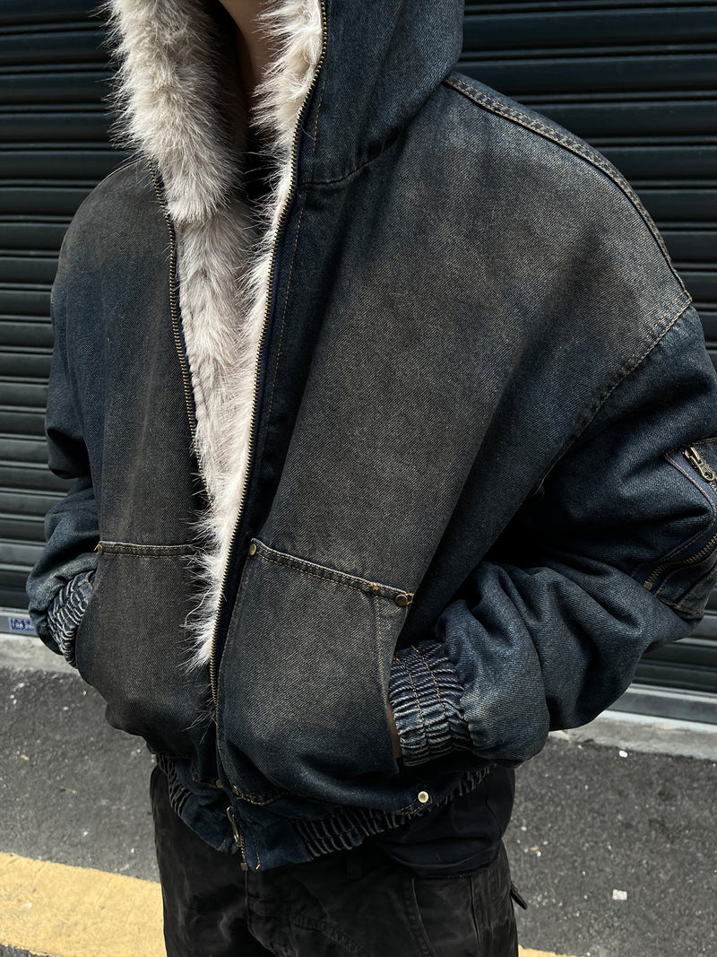 Polar Armour | Hooded Bomber Jacket | Fur Lining | Distressed Denim