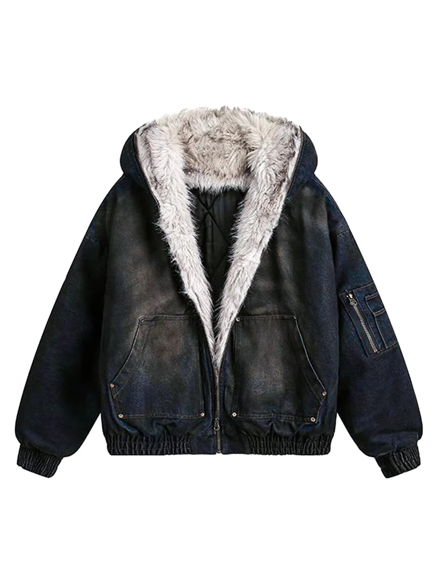 Polar Armour | Hooded Bomber Jacket | Fur Lining | Distressed Denim