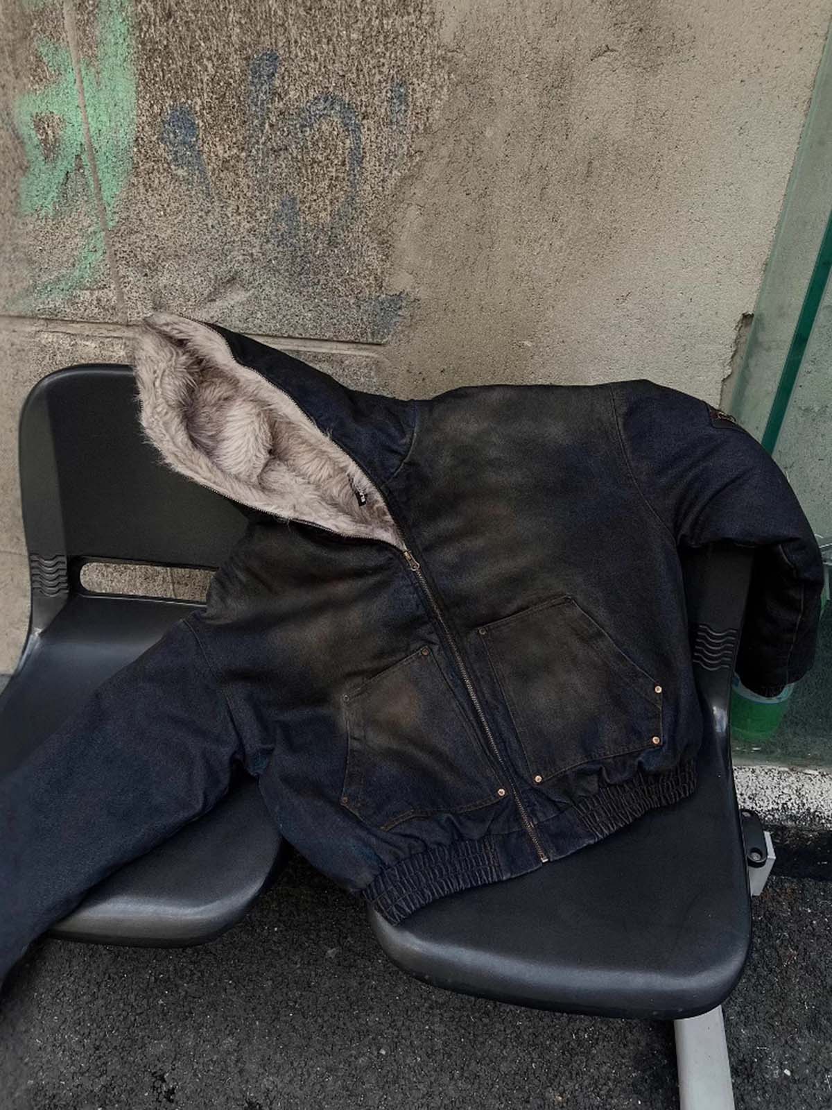 Polar Armour | Hooded Bomber Jacket | Fur Lining | Distressed Denim
