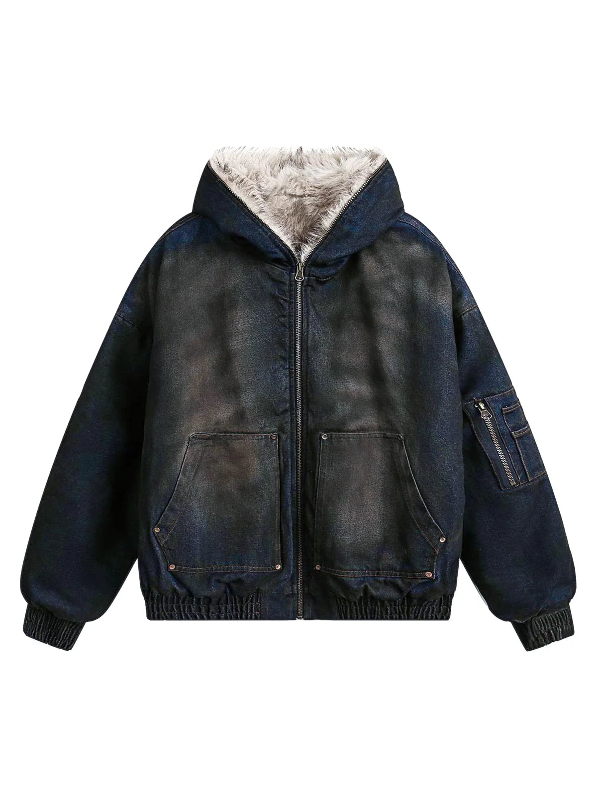 Polar Armour | Hooded Bomber Jacket | Fur Lining | Distressed Denim