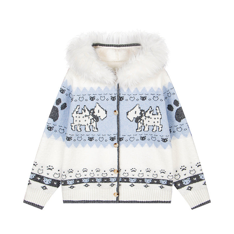 Puppy Charm | Knitted Cardigan with Faux Fur Hood