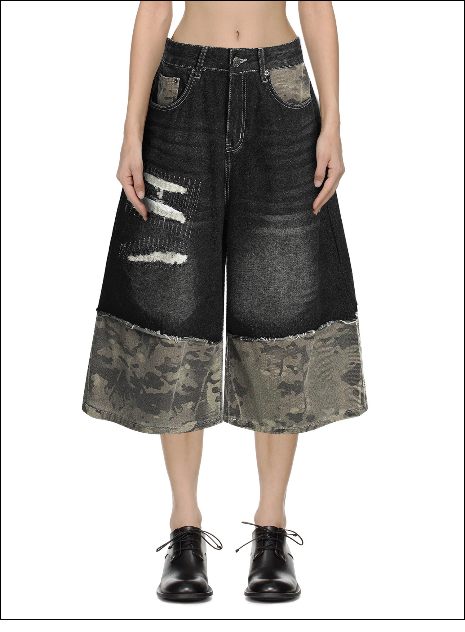 Unisex Wide-Legged Patchwork Shorts | Distressed Denim