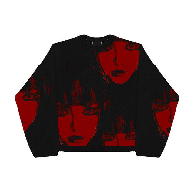 Red Gaze | Artistic Faces Knit Sweater - Santo