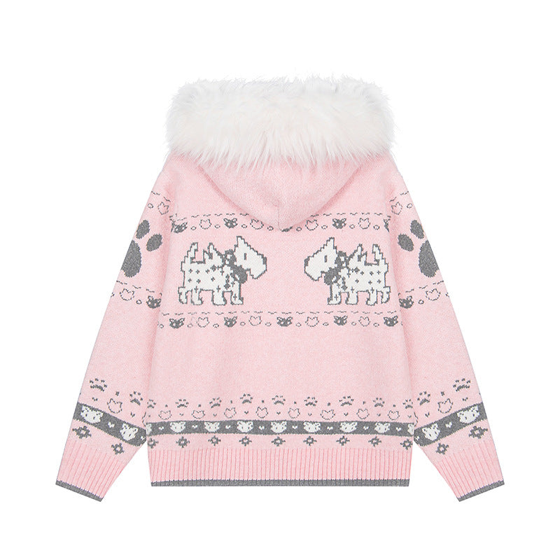 Puppy Charm | Knitted Cardigan with Faux Fur Hood
