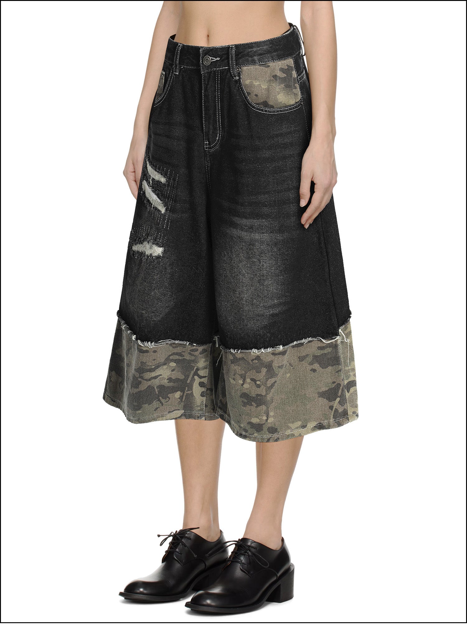 Unisex Wide-Legged Patchwork Shorts | Distressed Denim