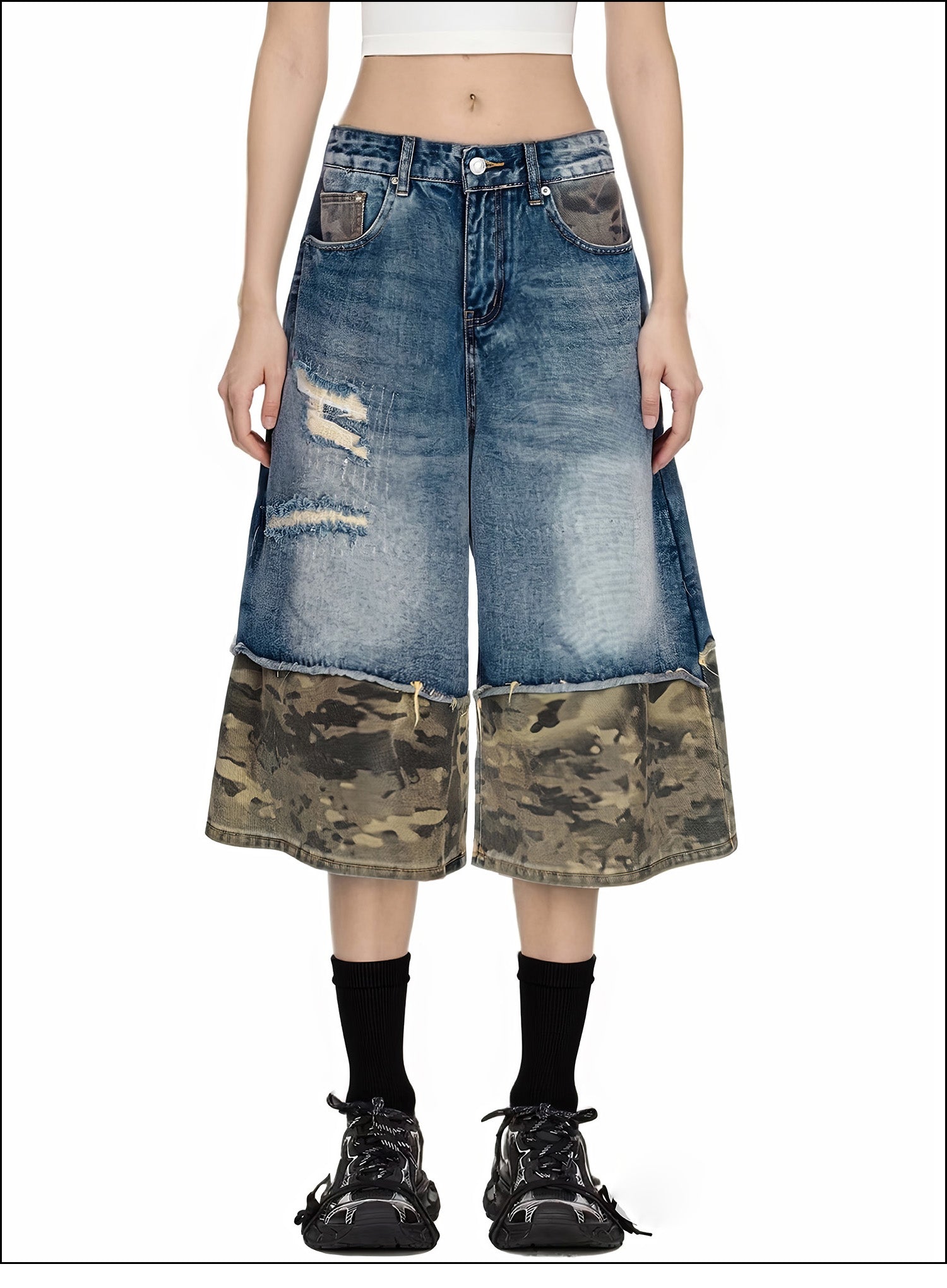 Unisex Wide-Legged Patchwork Shorts | Distressed Denim