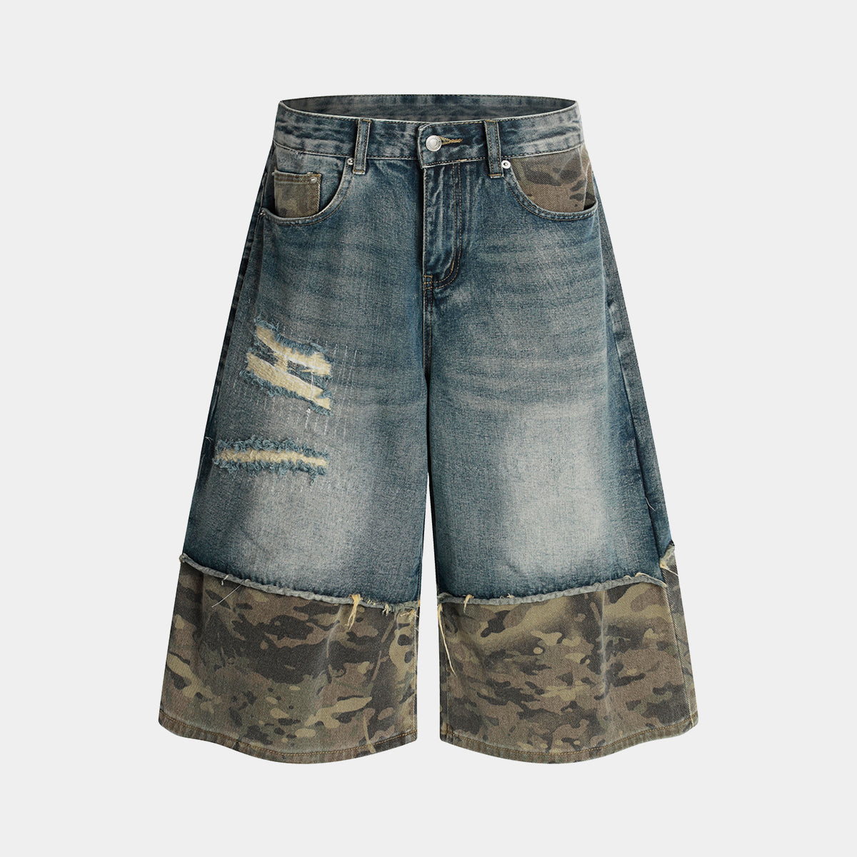 Unisex Wide-Legged Patchwork Shorts | Distressed Denim