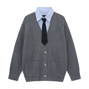 Prep Layer | Knit Cardigan with Shirt & Tie Detail