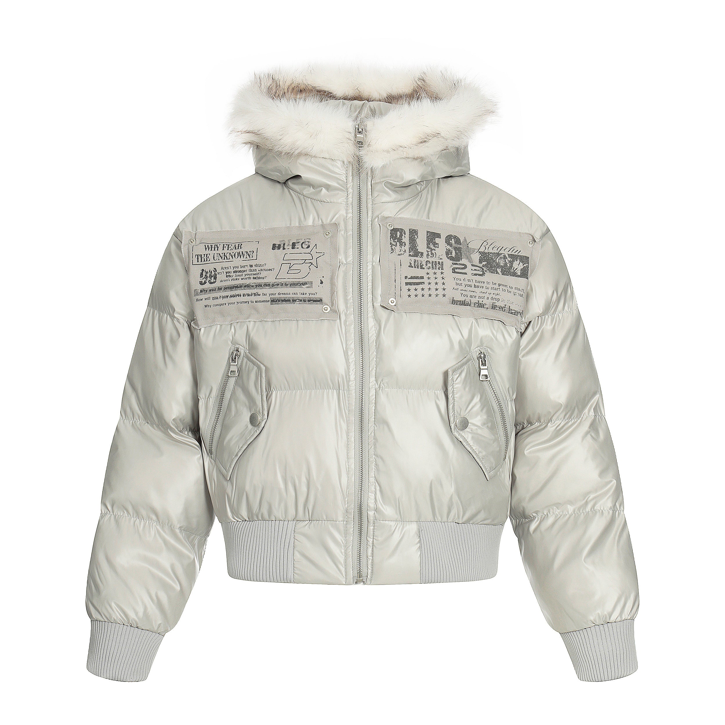 Frost Petal | Embroidered Satin Puffer Jacket