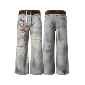 Plaid Waist Doll Print | Distressed Jeans - Santo