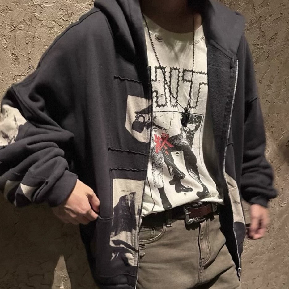 Vintage Patch Graphic | Washed Zip Up Hoodie - Santo