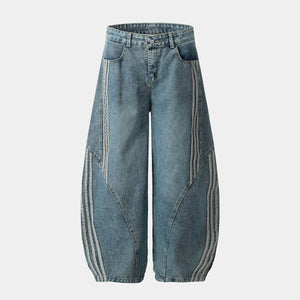 Striped Stitching | Washed Barrel Jeans - Santo