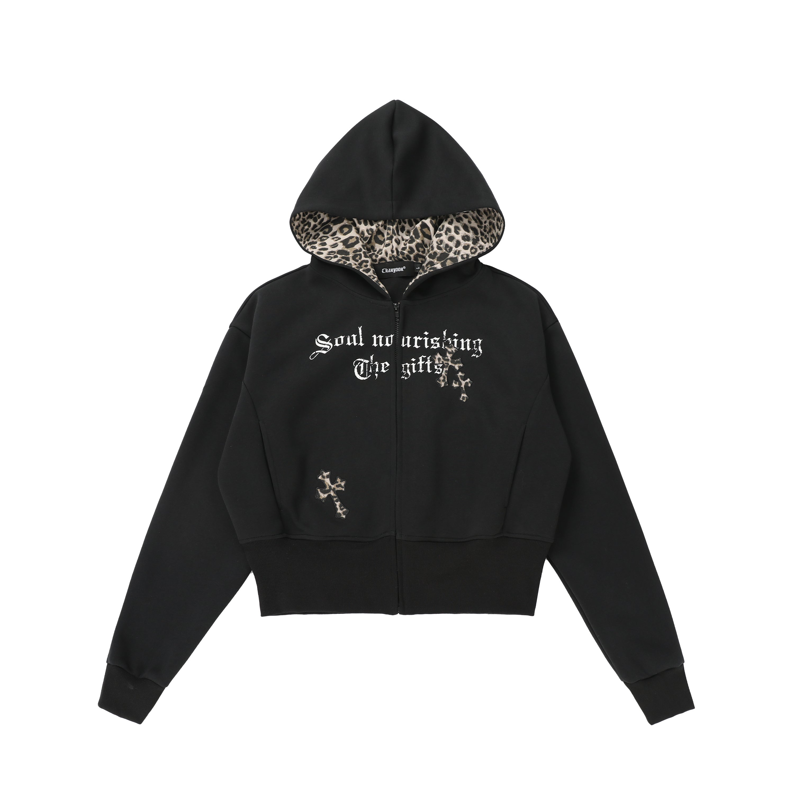 CrossCharm | Gothic Zip Hoodie with Leopard Lining