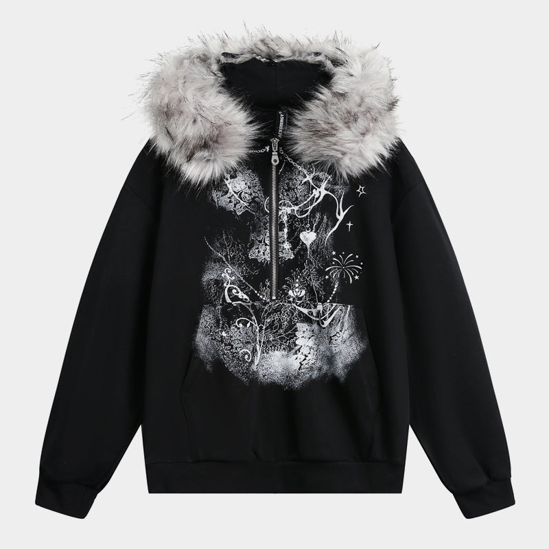 Gothic Fur Collar | Zip Up Hoodie - Santo