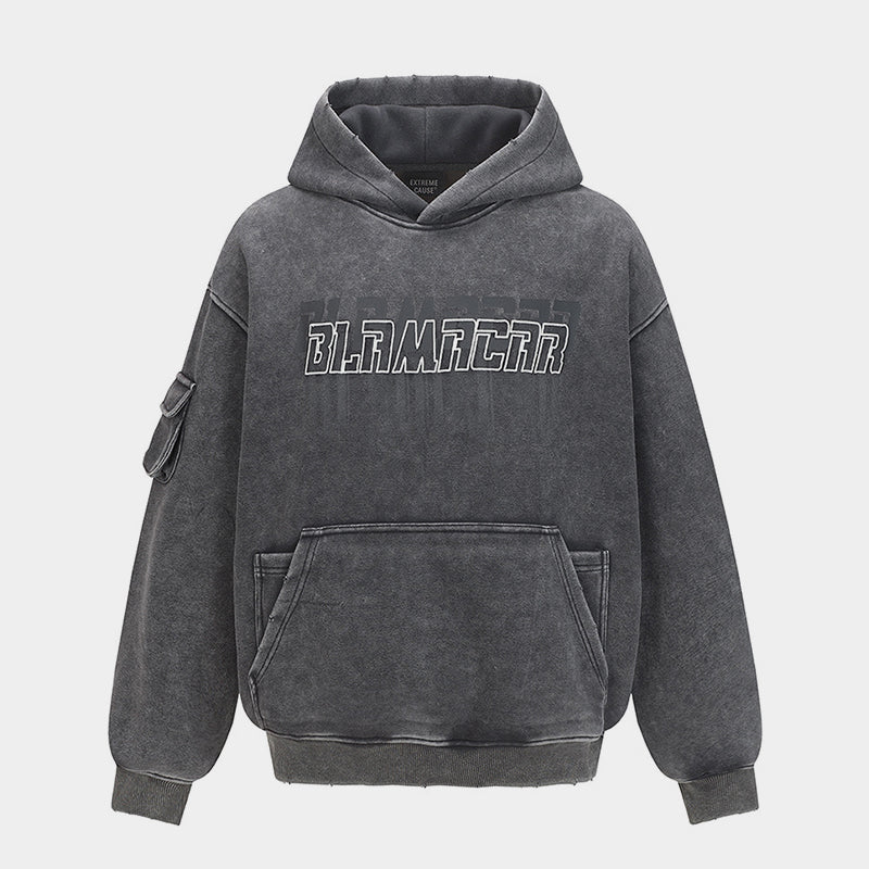 Washed Letter Print Pullover | Utility Pocket Streetwear Hoodie