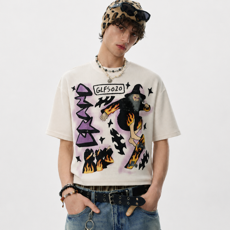 Waffle Knit Skate Wizard Flame Graphic T-Shirt - Santo