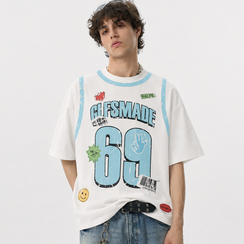 Distressed Number 69 Graphic Print T-Shirt - Santo