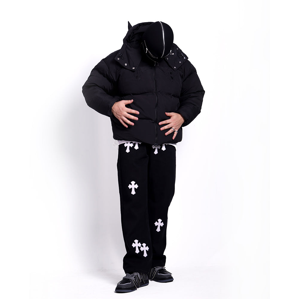 Devil | Black Hooded Puffer Jacket - Santo