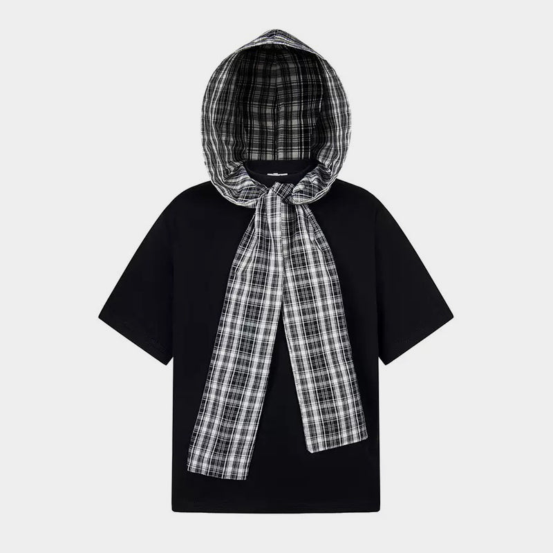 Detachable Badge | Hooded Plaid Cape T-shirt