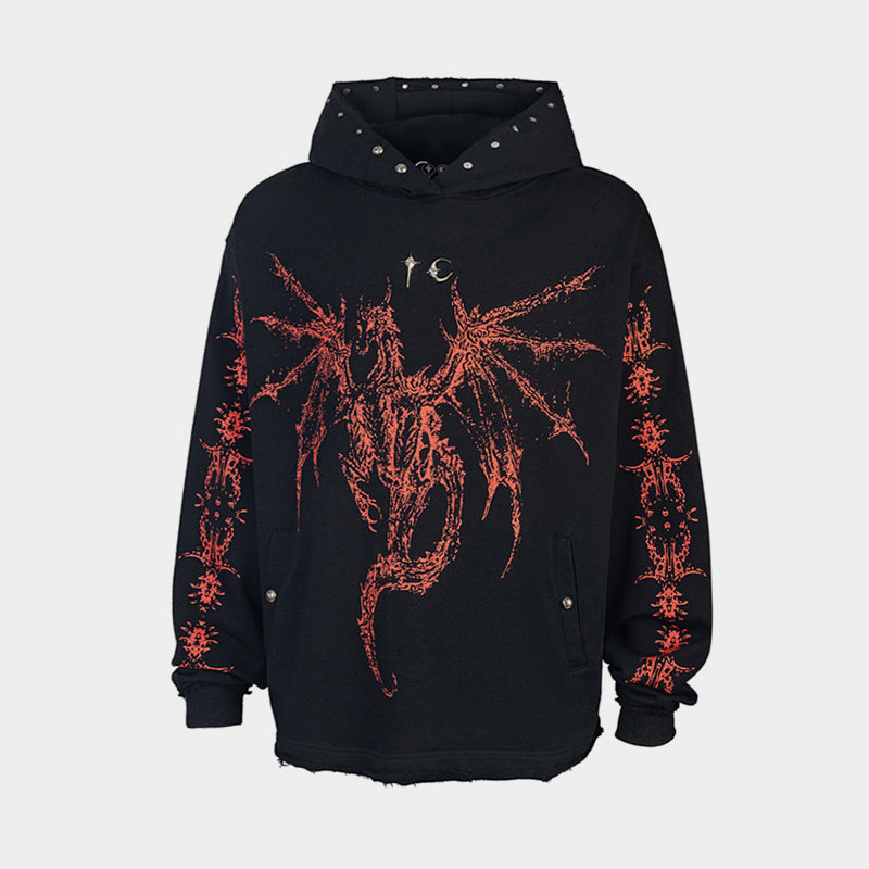 Dragon Bone Print Pullover | Retro Rivet Streetwear Hoodie