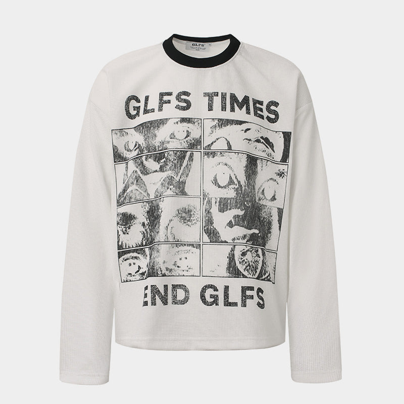 Letter Print Sweatshirt | Waffle Knit Long Sleeve Top