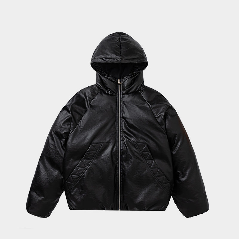 Leather Hooded | Zip-Up Puffer Jacket