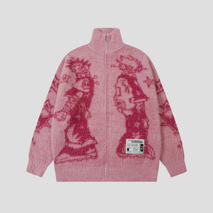 Anmie Graphic Cardigan | Zip Fuzzy Jacket - Santo