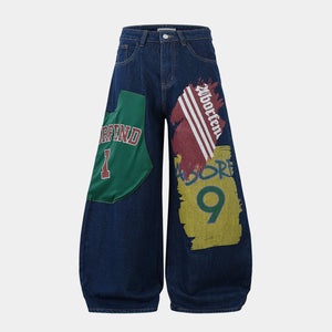 Retro High Street Style Trousers | Wide Leg Baggy Print Jeans - Santo