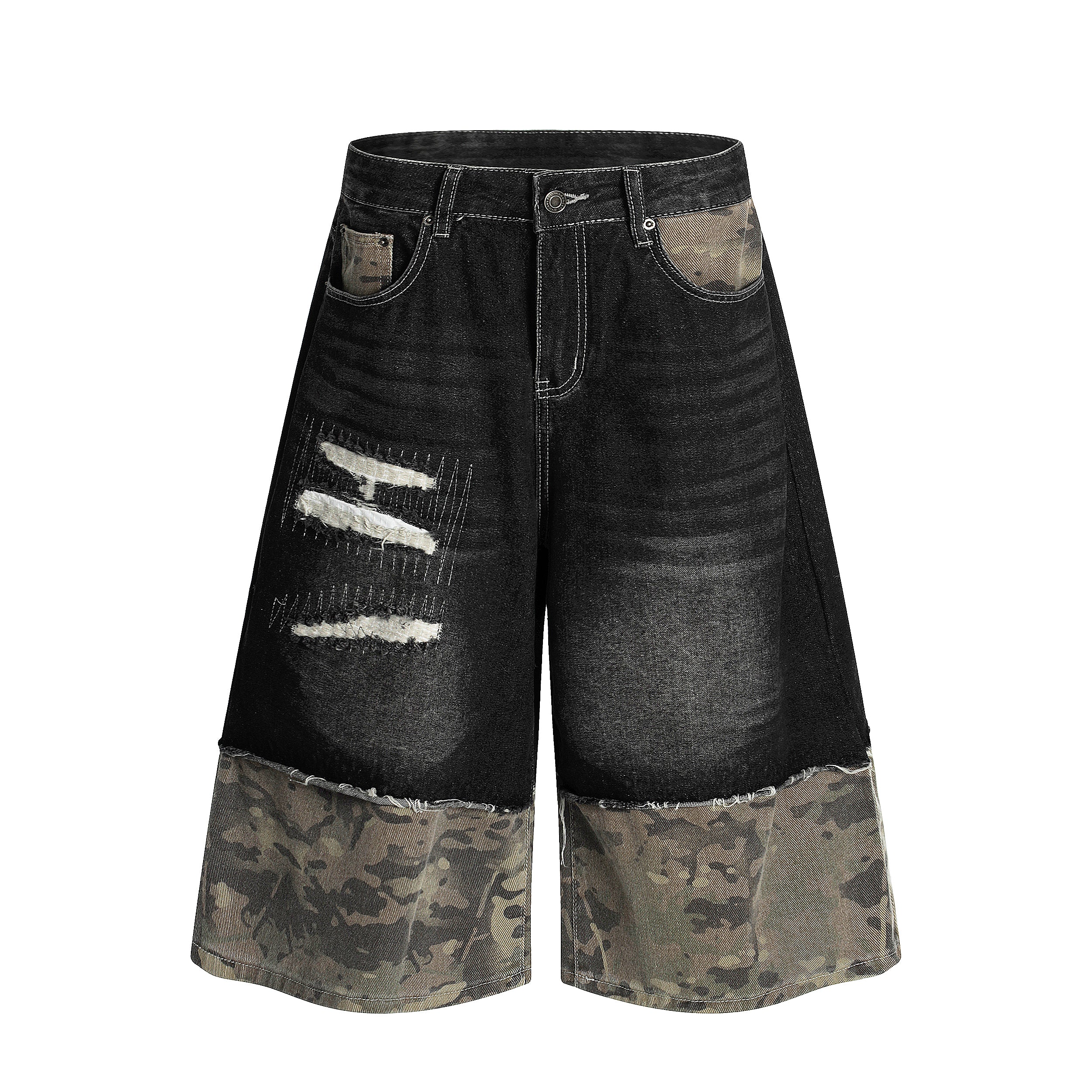 Unisex Wide-Legged Patchwork Shorts | Distressed Denim