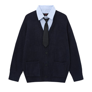 Prep Layer | Knit Cardigan with Shirt & Tie Detail