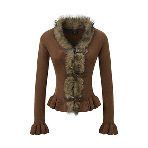 Buckled Fur | Knit Cardigan with Faux Trim