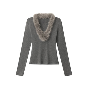 Fuzzy Vibe | Faux Fur Collar Knit Top