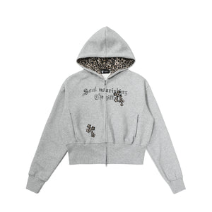 CrossCharm | Gothic Zip Hoodie with Leopard Lining