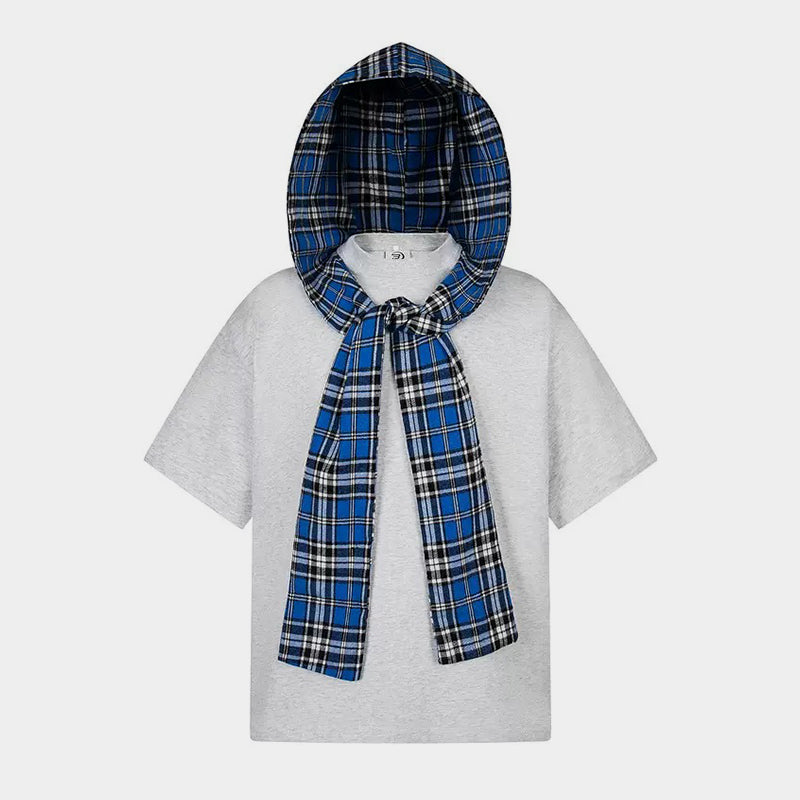 Detachable Badge | Hooded Plaid Cape T-shirt