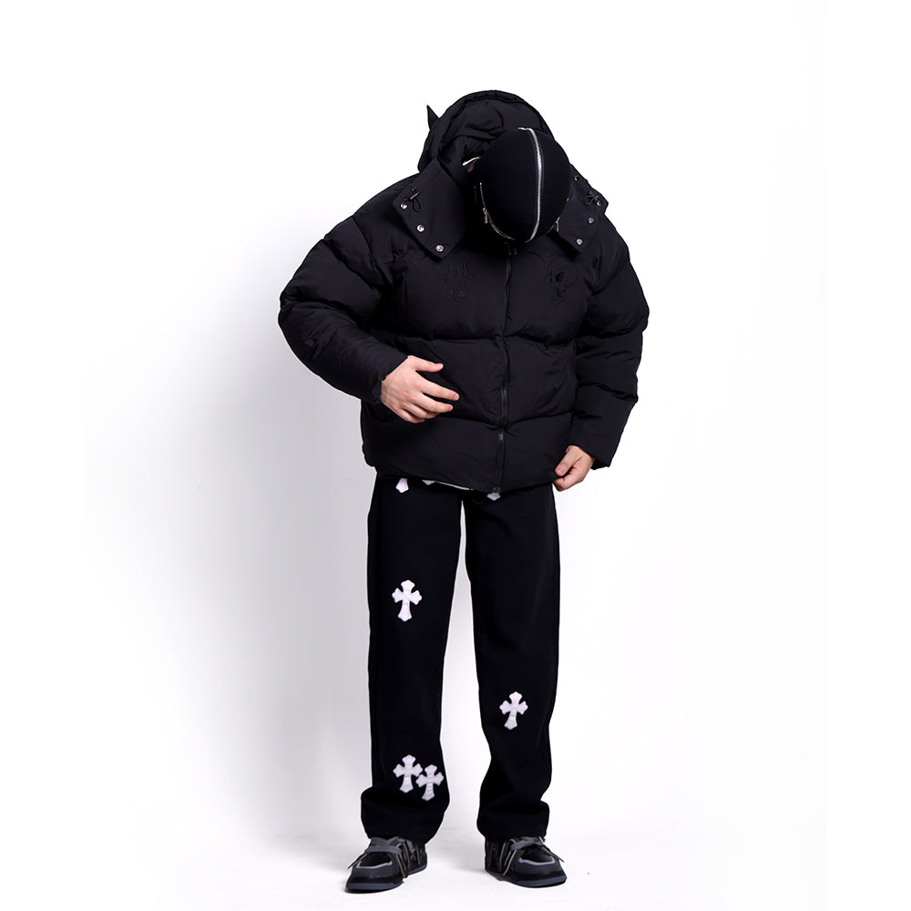 Devil | Black Hooded Puffer Jacket - Santo