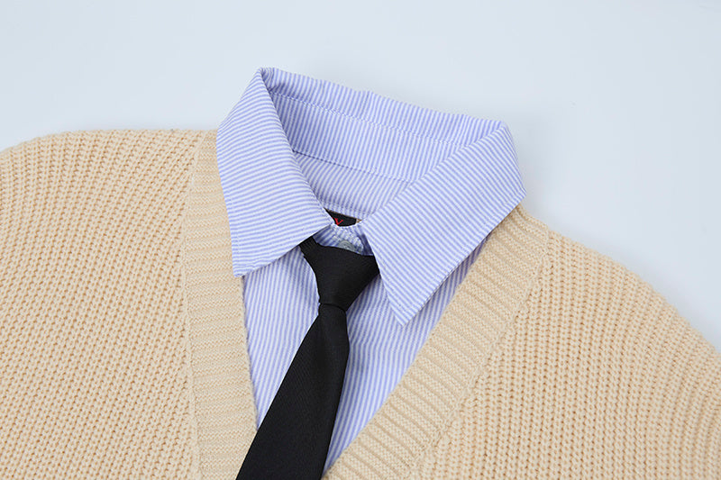 Prep Layer | Knit Cardigan with Shirt & Tie Detail