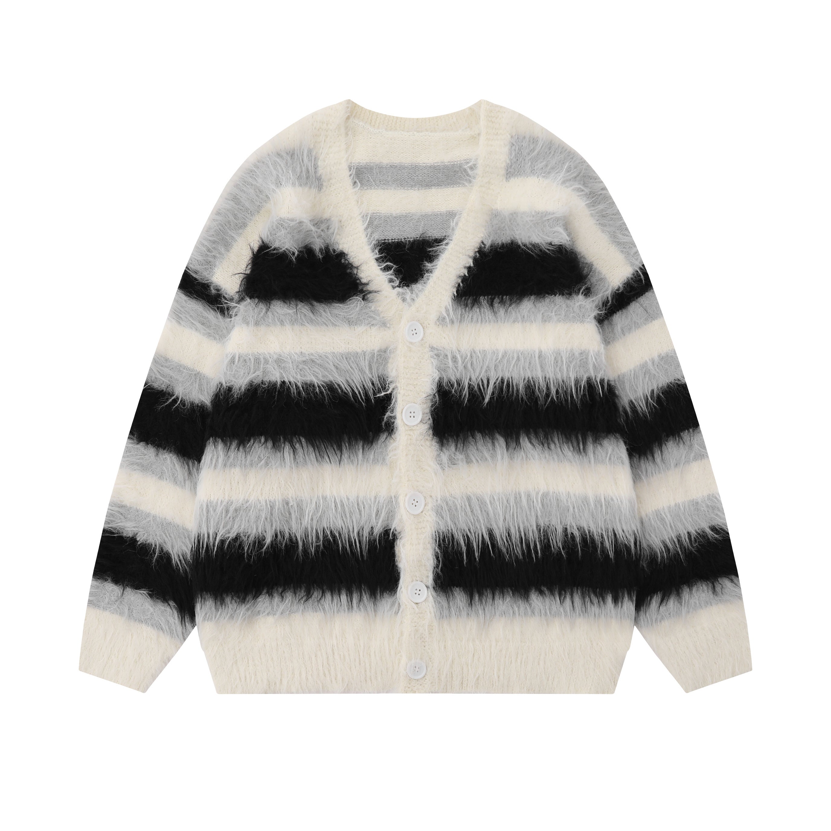 Furry Line | Striped Button-Up Fluffy Cardigan