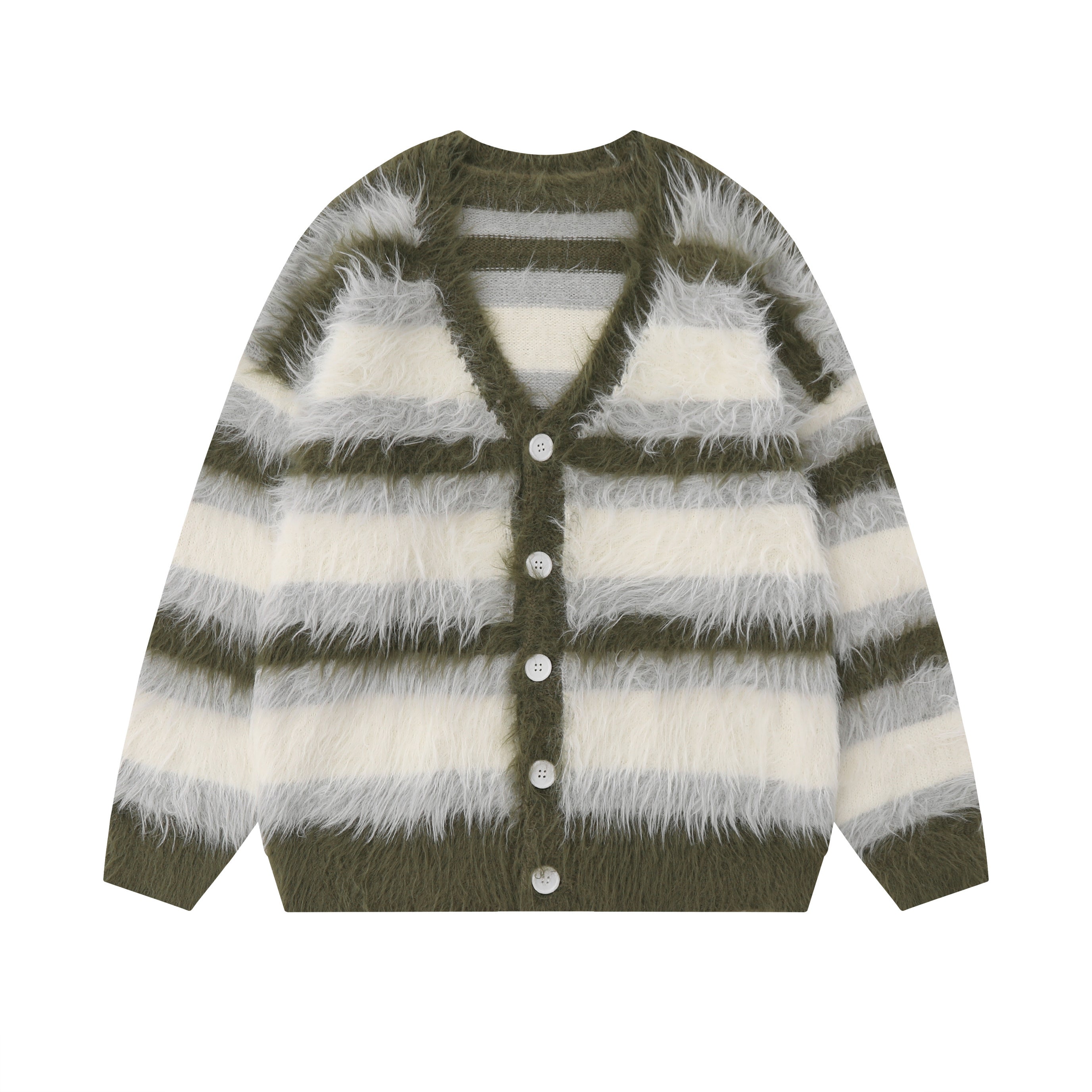 Furry Line | Striped Button-Up Fluffy Cardigan