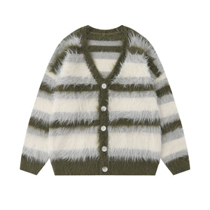Furry Line | Striped Button-Up Fluffy Cardigan