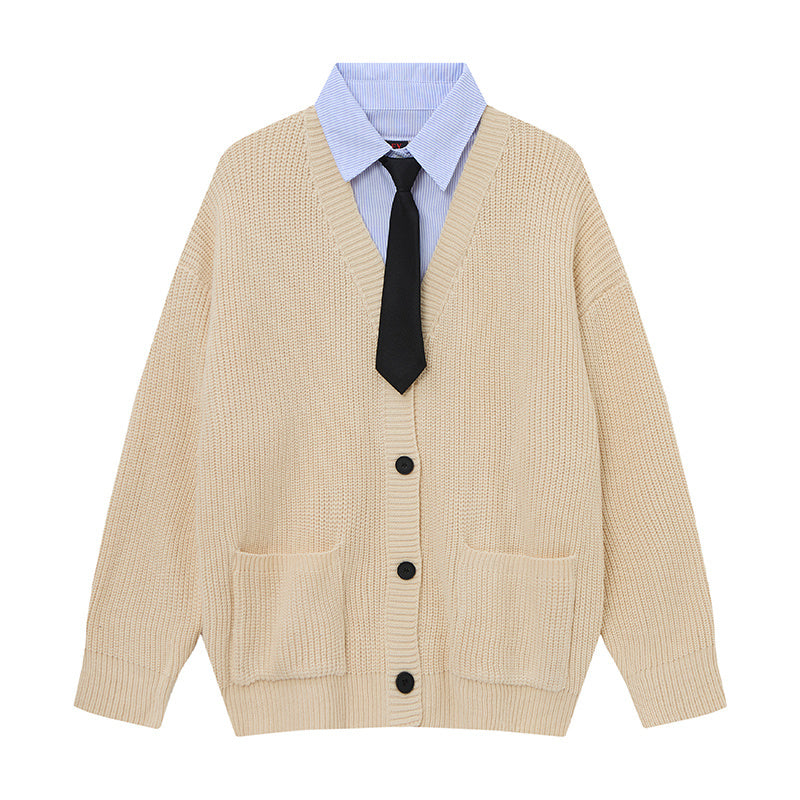 Prep Layer | Knit Cardigan with Shirt & Tie Detail