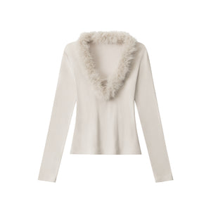 Fuzzy Vibe | Faux Fur Collar Knit Top