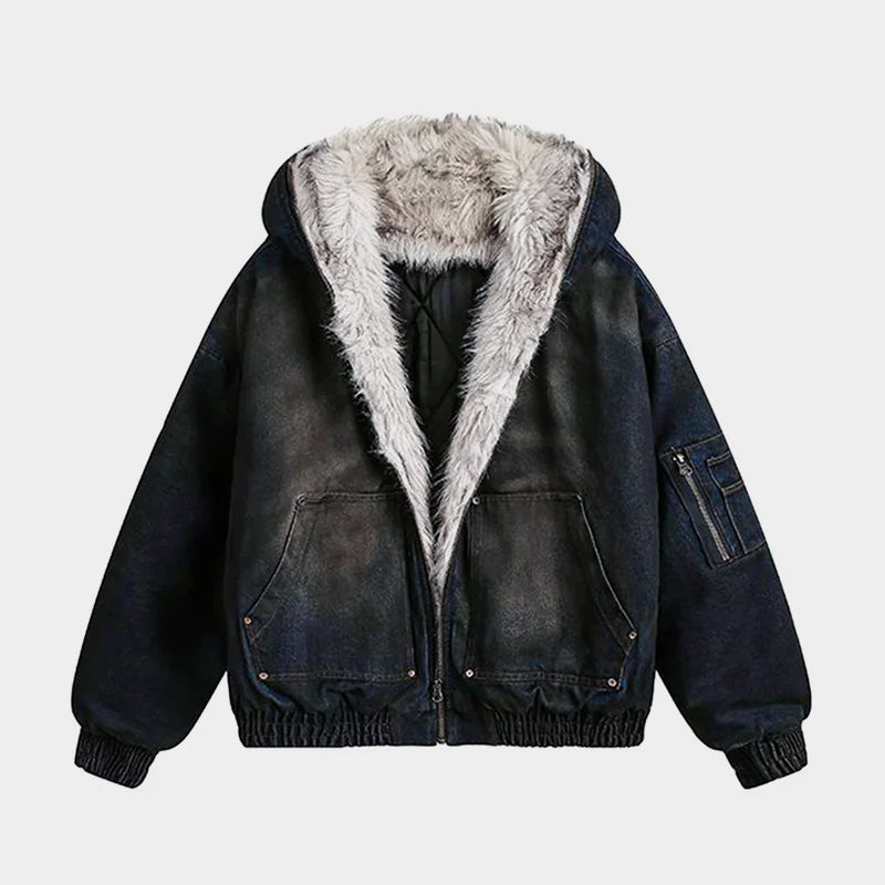 Washed Denim Fur | Hooded Jacket - Santo
