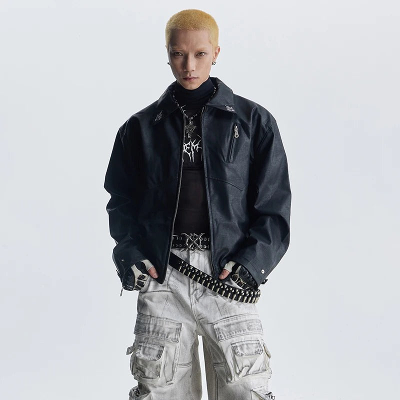 Retro Motorcycle Streetwear Coat | Embroidered Leather Jacket - Santo
