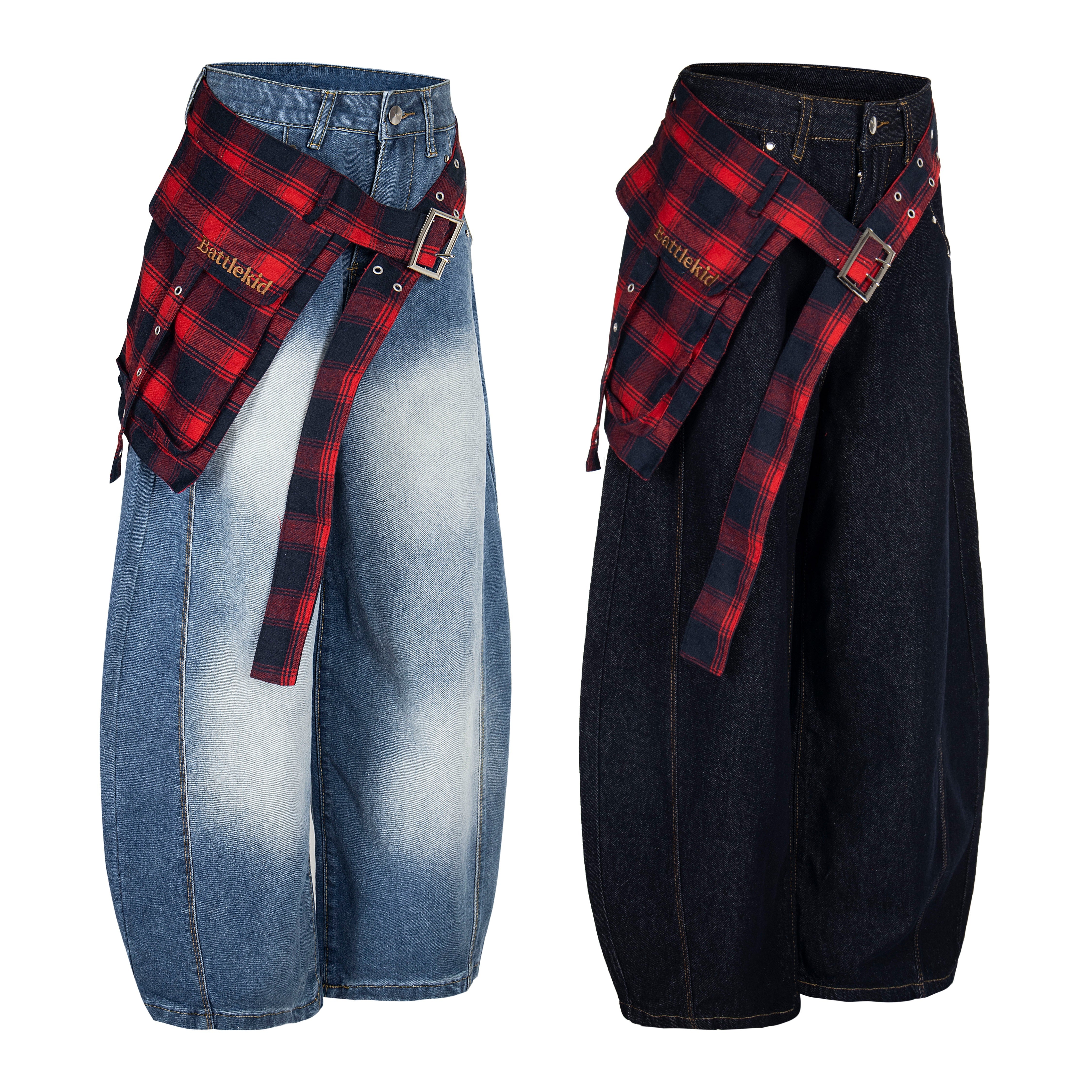Plaid Reign | Wide-Leg Denim Trousers with Flannel Accent