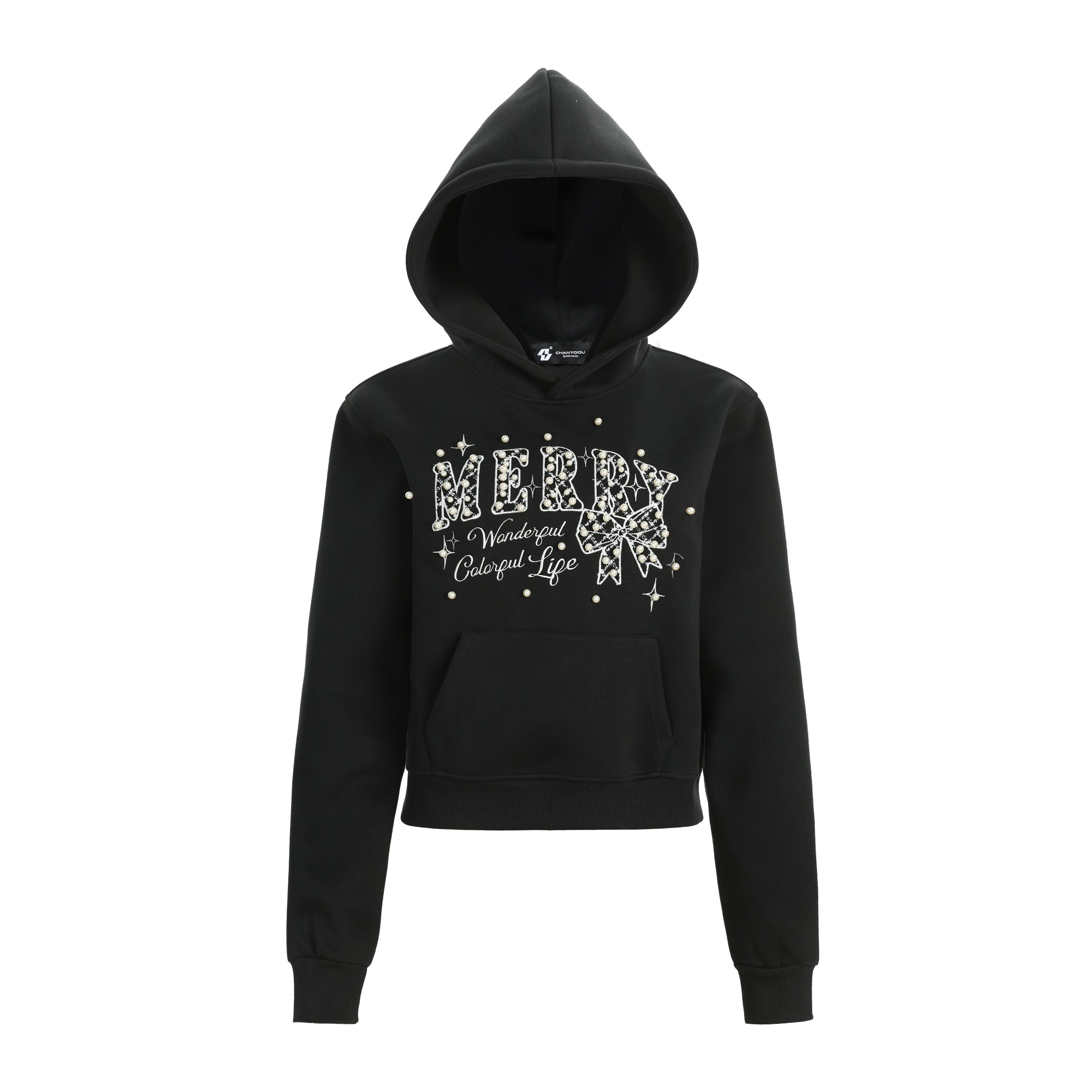 Merry Charm | Cropped Hoodie with Bow Print