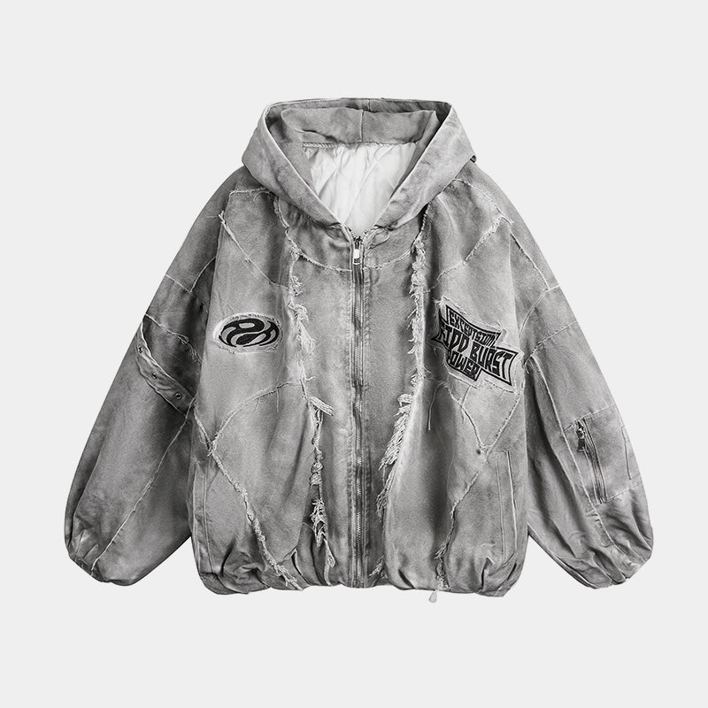 Distressed Embroidered | Padded Hooded Jacket - Santo