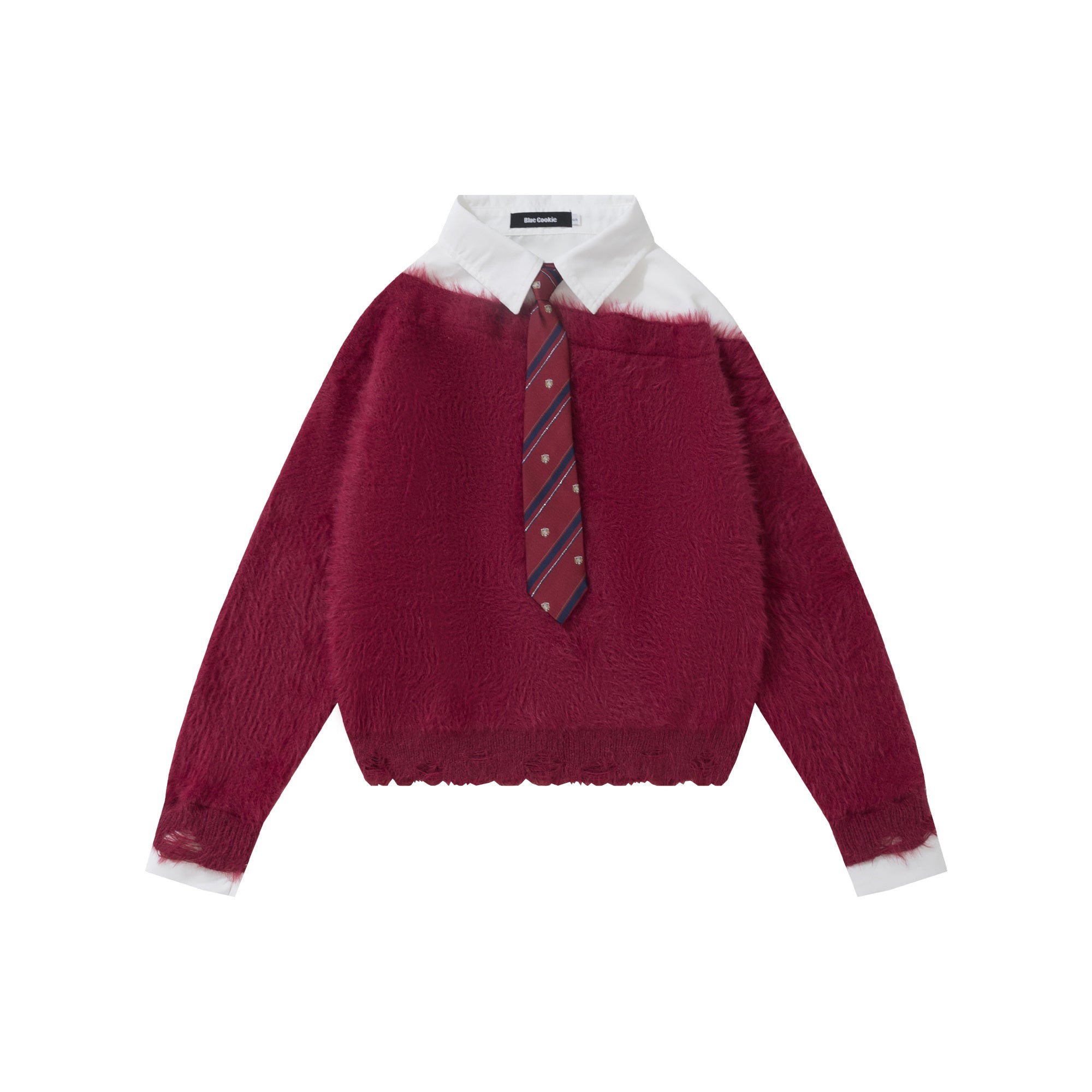 Preppy Fuzz | Mock-Layered Tie Collar Sweater
